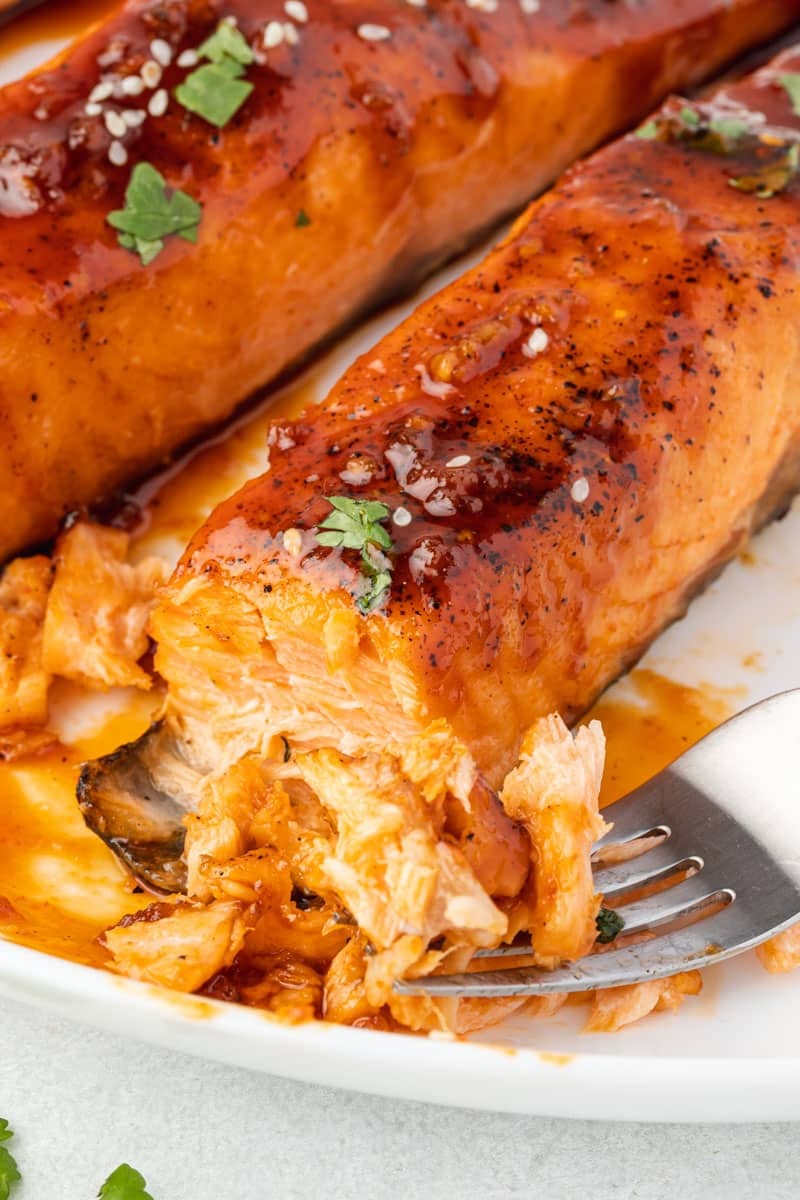 Close up of a fillet of salmon with flaky pieces on a fork.