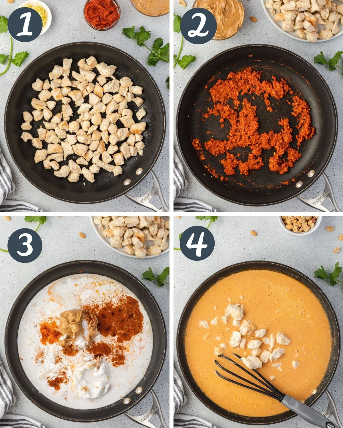Collage showing 4 steps to make curry, including cooking chicken, red curry paste, coconut milk, and stirring sauce.