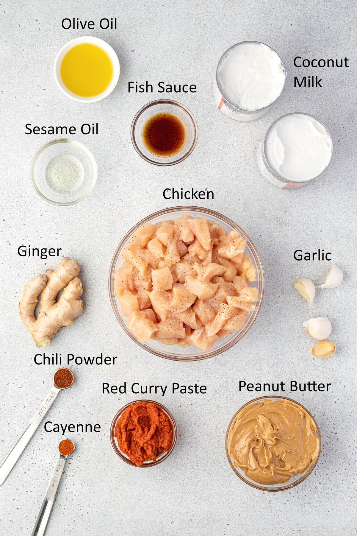 Overhead of labeled ingredients for curry chicken with peanut butter and coconut milk.