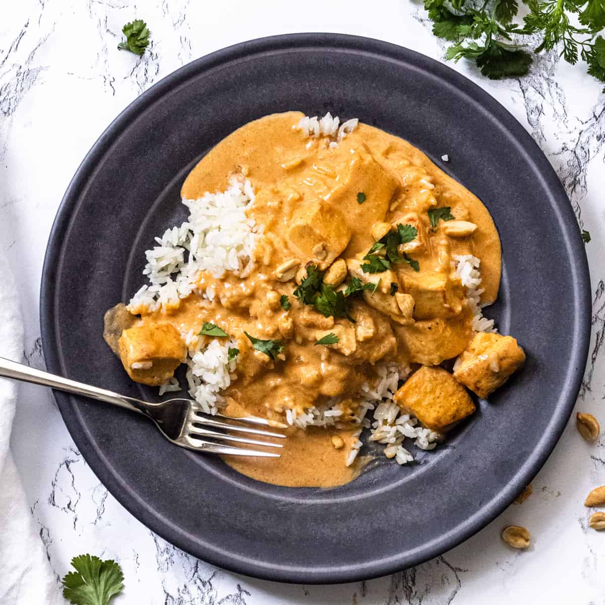 Peanut Thai Curry on a plate with cilantro around it