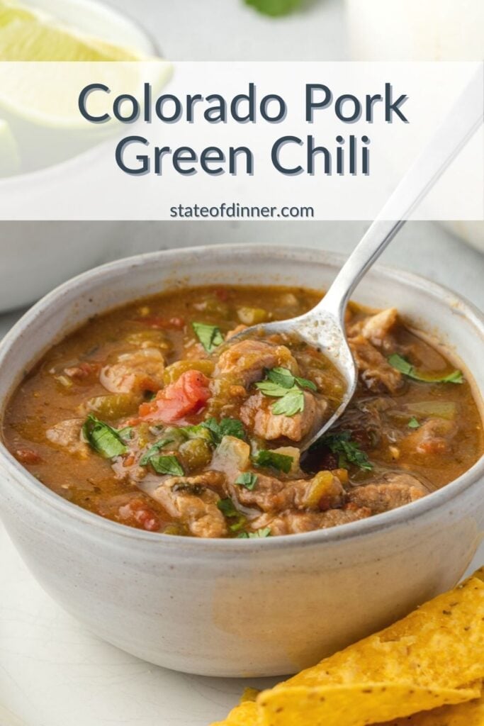 Pinterest pin: Colorado Pork green chili in a bowl.