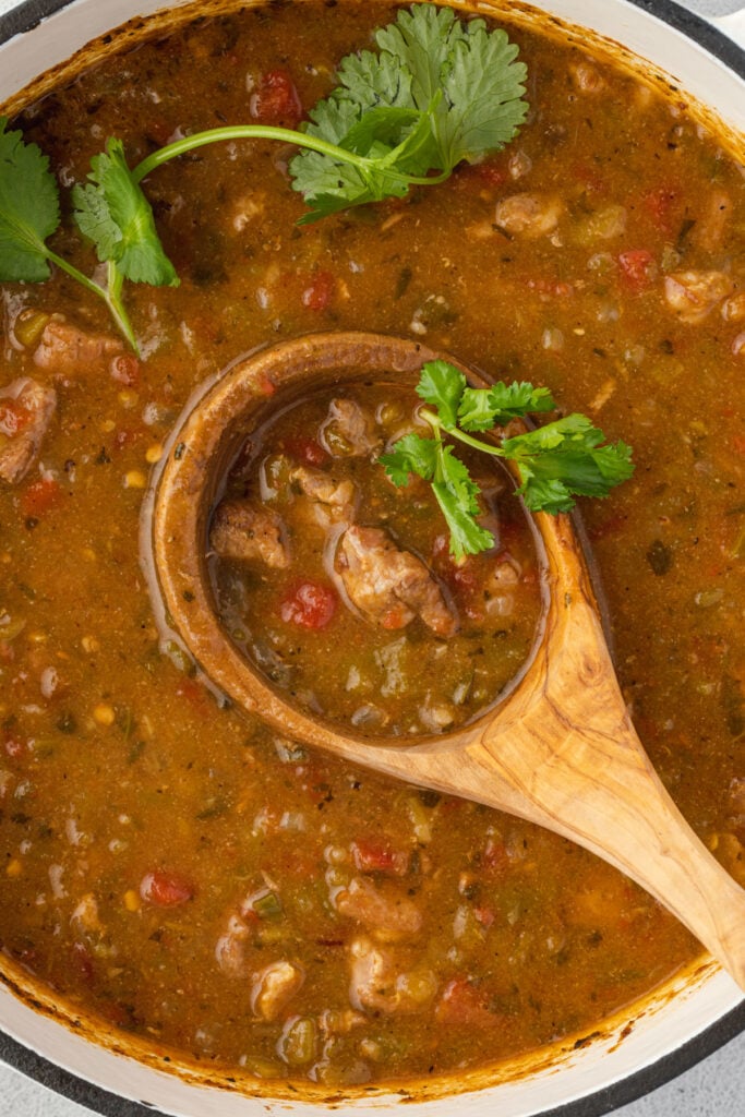 Close up of a wooden ladle over a pot of green chili with some sprigs of cilantro on it.
