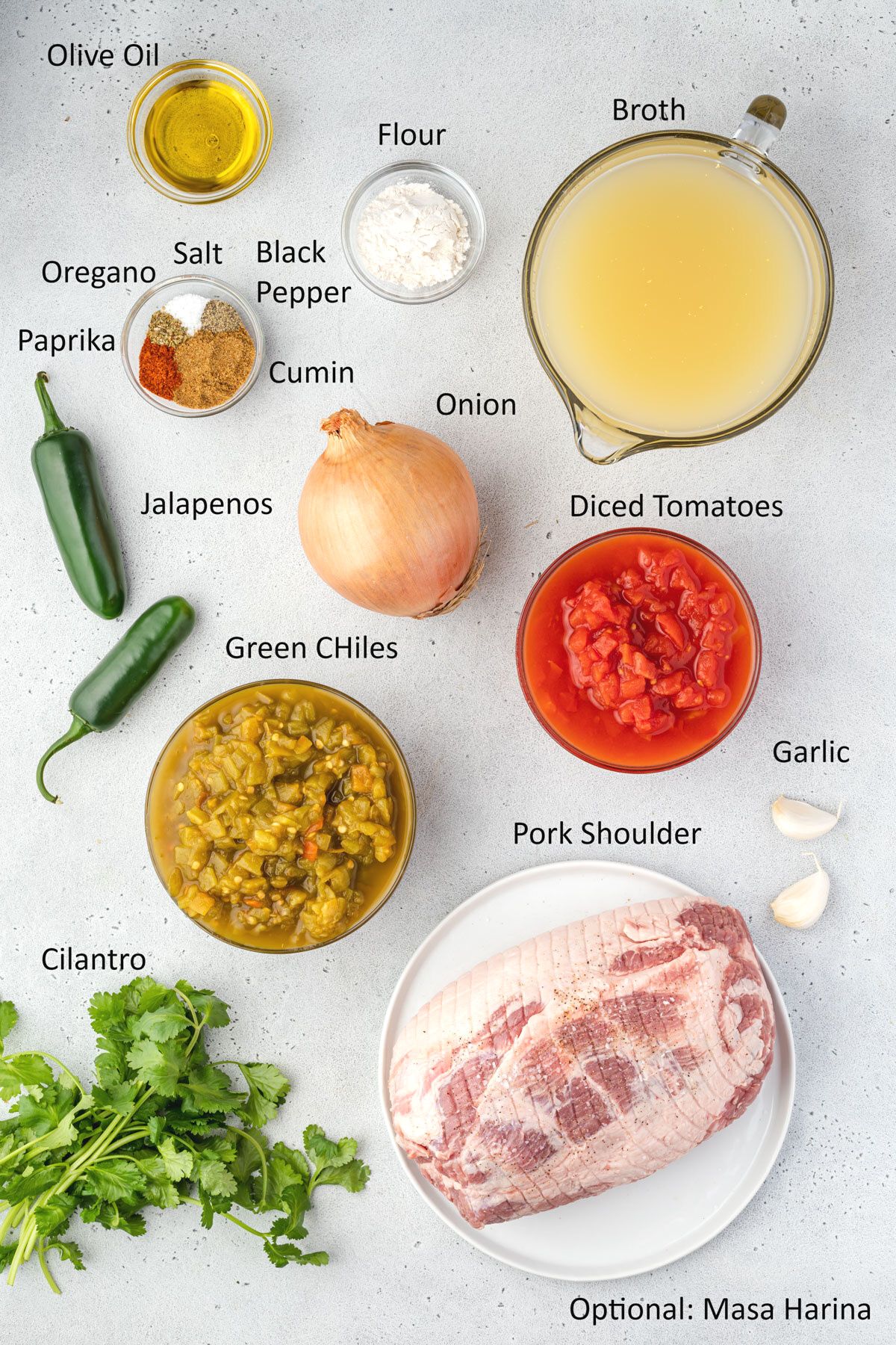 Labeled ingredients for Colorado pork green chili.