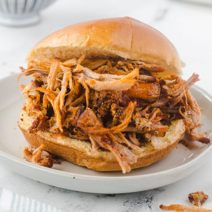 Pulled pork sandwich on a plate, with bowl of bbq sauce behind it.