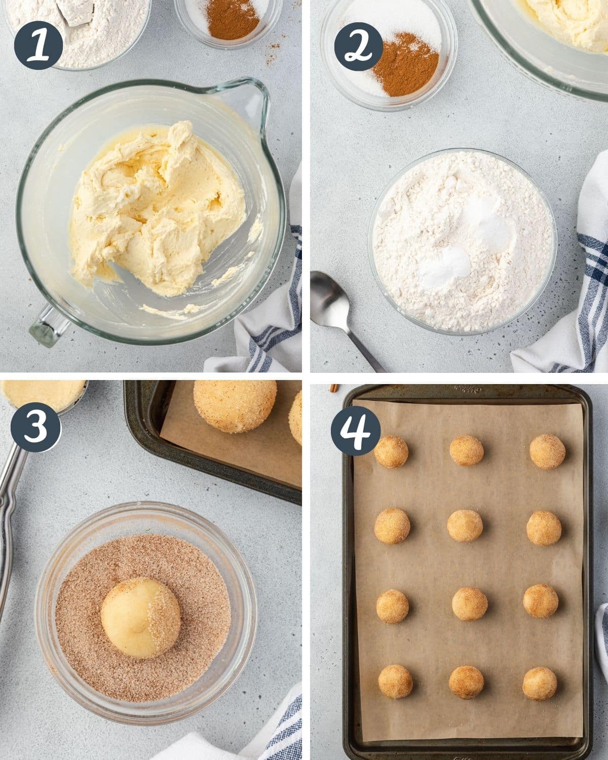 4 steps to make snickerdoodle cookies without cream of tartar. Creaming butter, dry ingredients, rolled in cinnamon, and on cookie sheet.