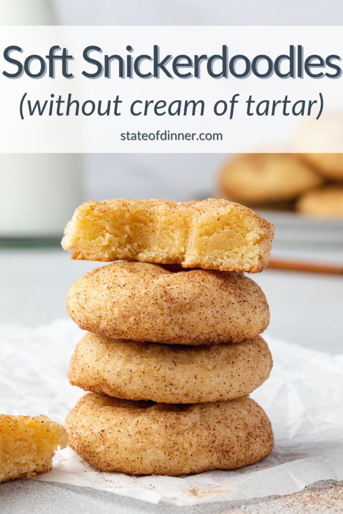 Pinterest pin titled "Soft snickerdoodles without cream of tartar" with image of a stack of cookies.