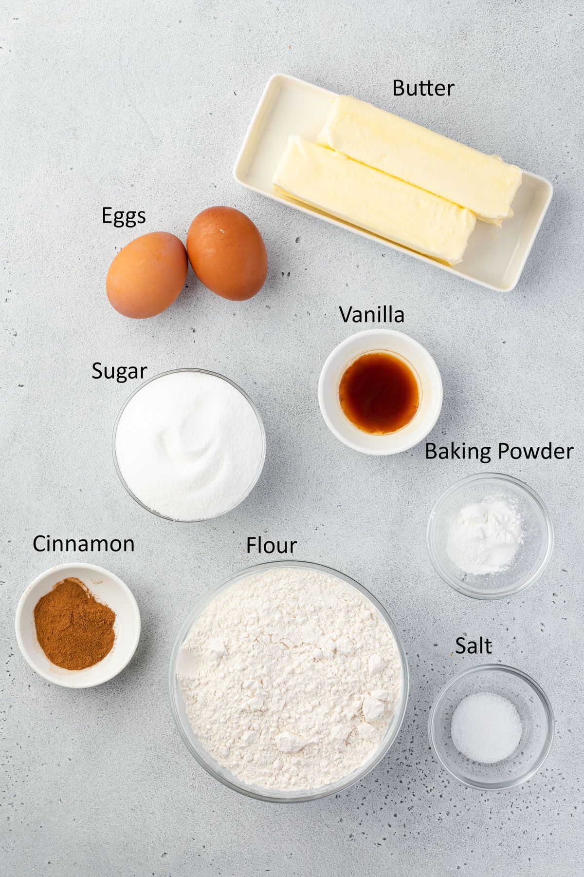 Overhead of labeled ingredients for snickerdoodles made without cream of tartar.