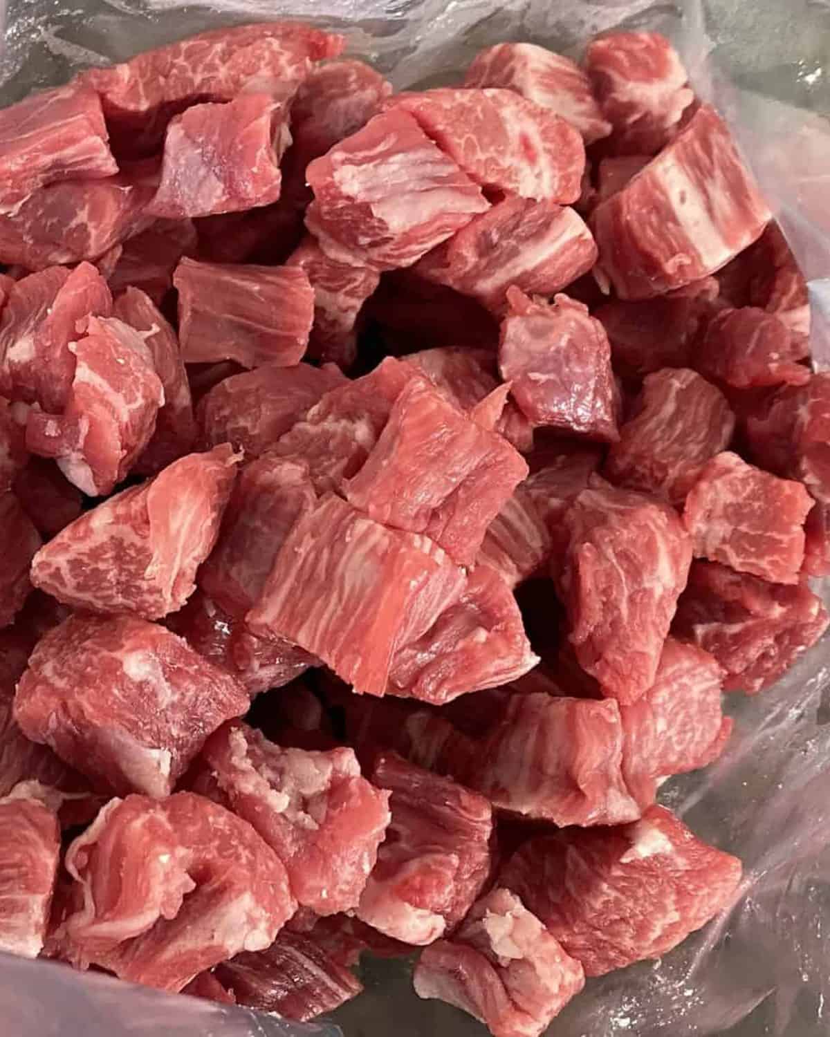 Beef chopped into bite-sized pieces.