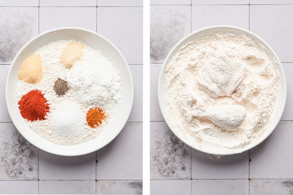 Two bowls: one with flour and colorful spices, the other with flour-coated chicken on a tiled surface.