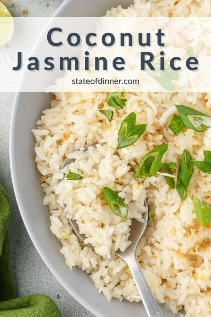 Pinterest pin that says "coconut jasmine rice" and has a picture of a bowl of rice.