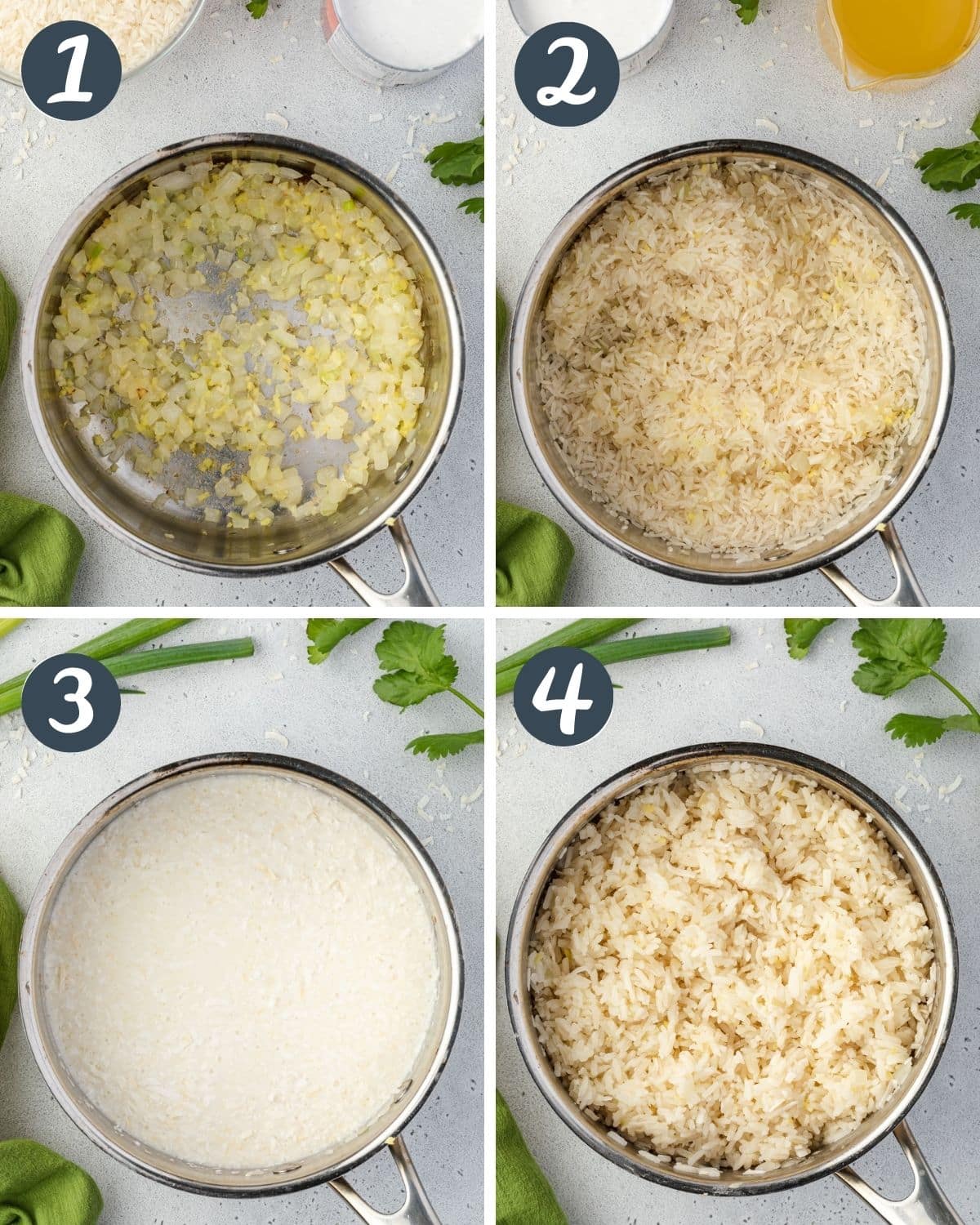 Collage showing 4 steps to make coconut jasmine rice.