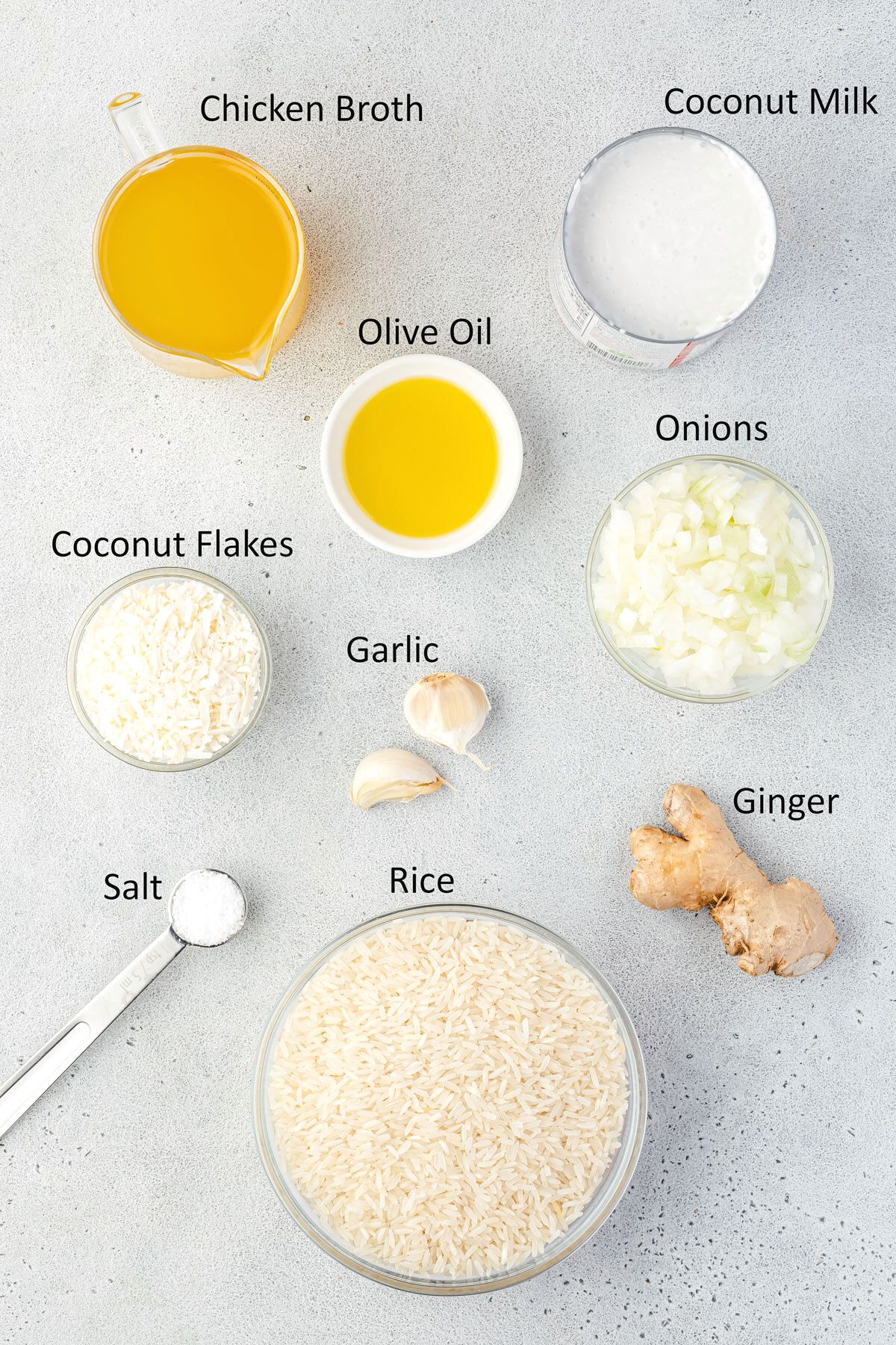Image showing the labeled ingredients for coconut rice.