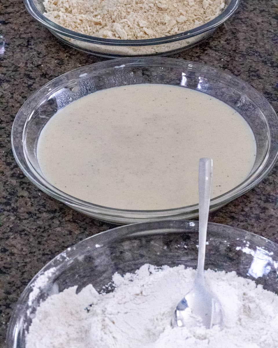 Bowl of flour egg and crumbs