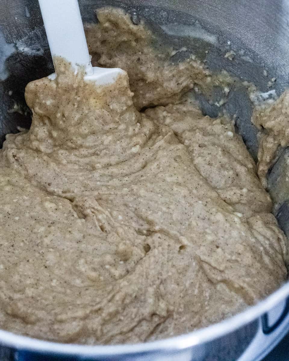Bowl of batter with a spatula in it
