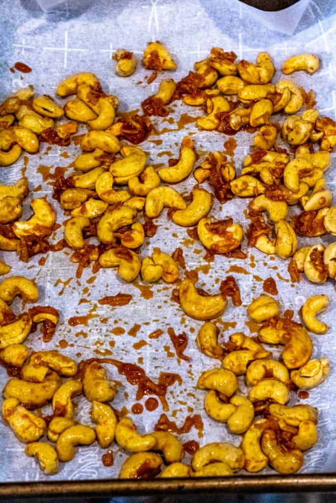 Curry coconut cashews on sheet pan