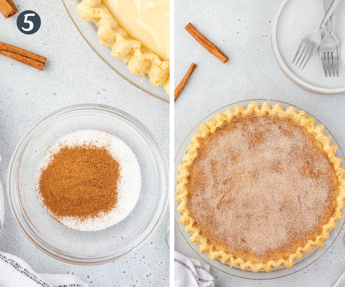 Split image of sugar and cinnamon in bowl, then sprinkled onto pie.