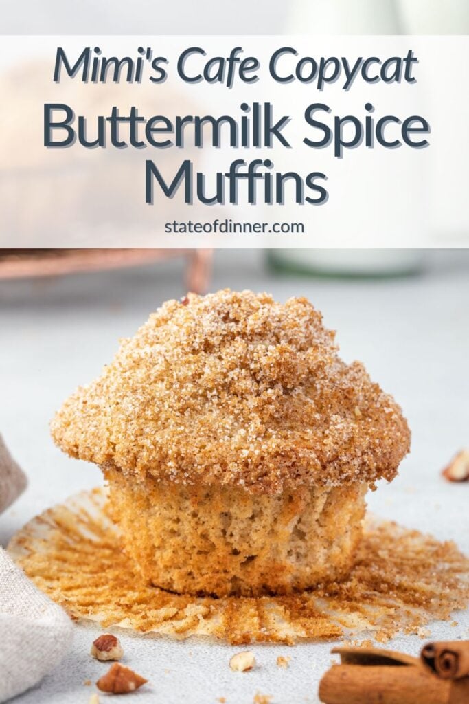 Pinterest pin: Buttermilk spice muffin with muffin liner peeled off and nuts scattered.