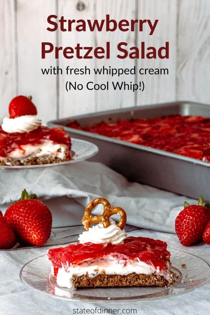 Pinterest pin for Strawberry Pretzel Salad, 2 pieces on plates with pan in background