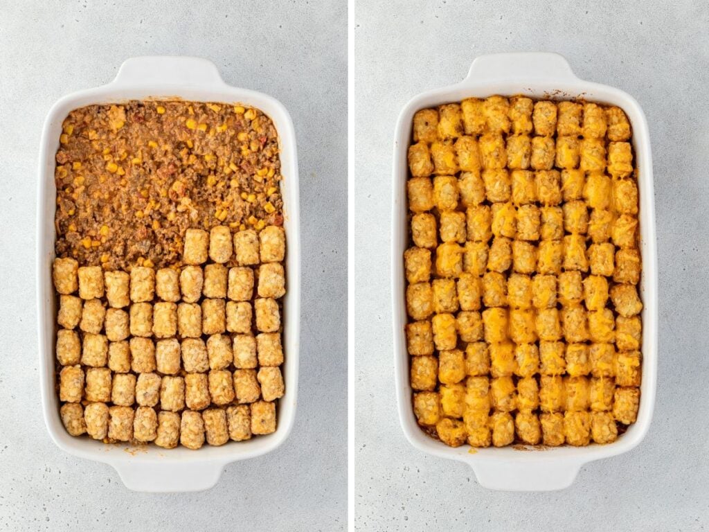 A casserole topped with tater tots, shown before and after baking in a white dish.