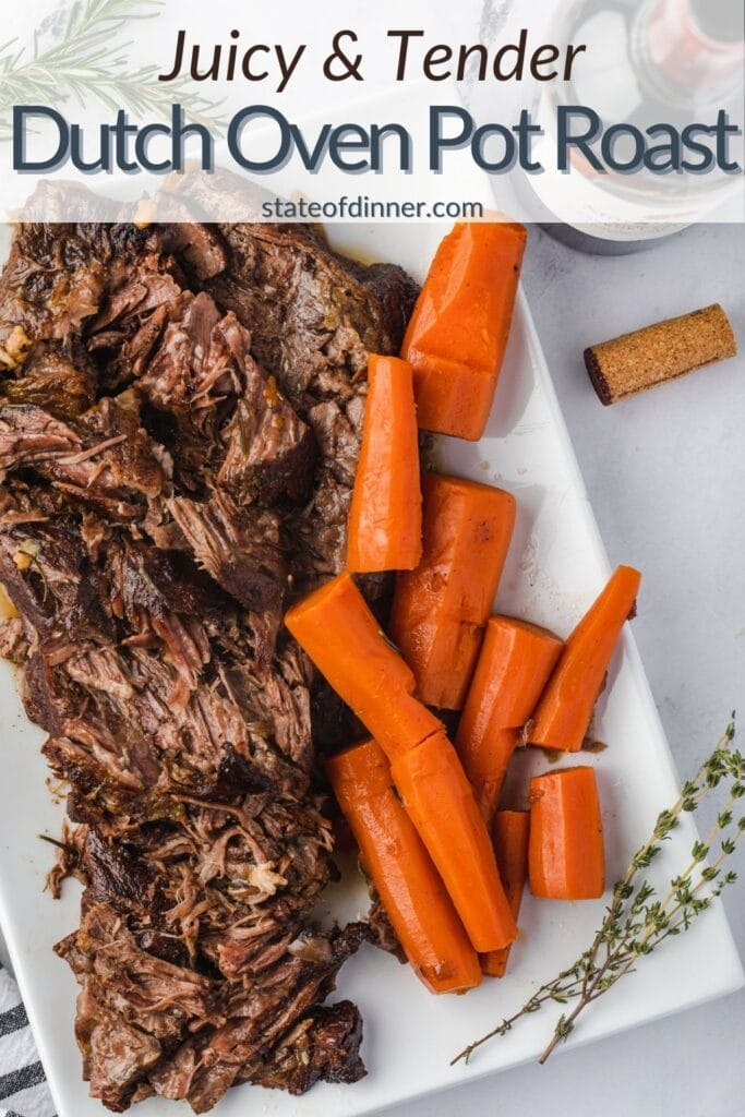 Pinterest pin: juicy & tender dutch oven pot roast, shredded on a plate with roasted carrots.