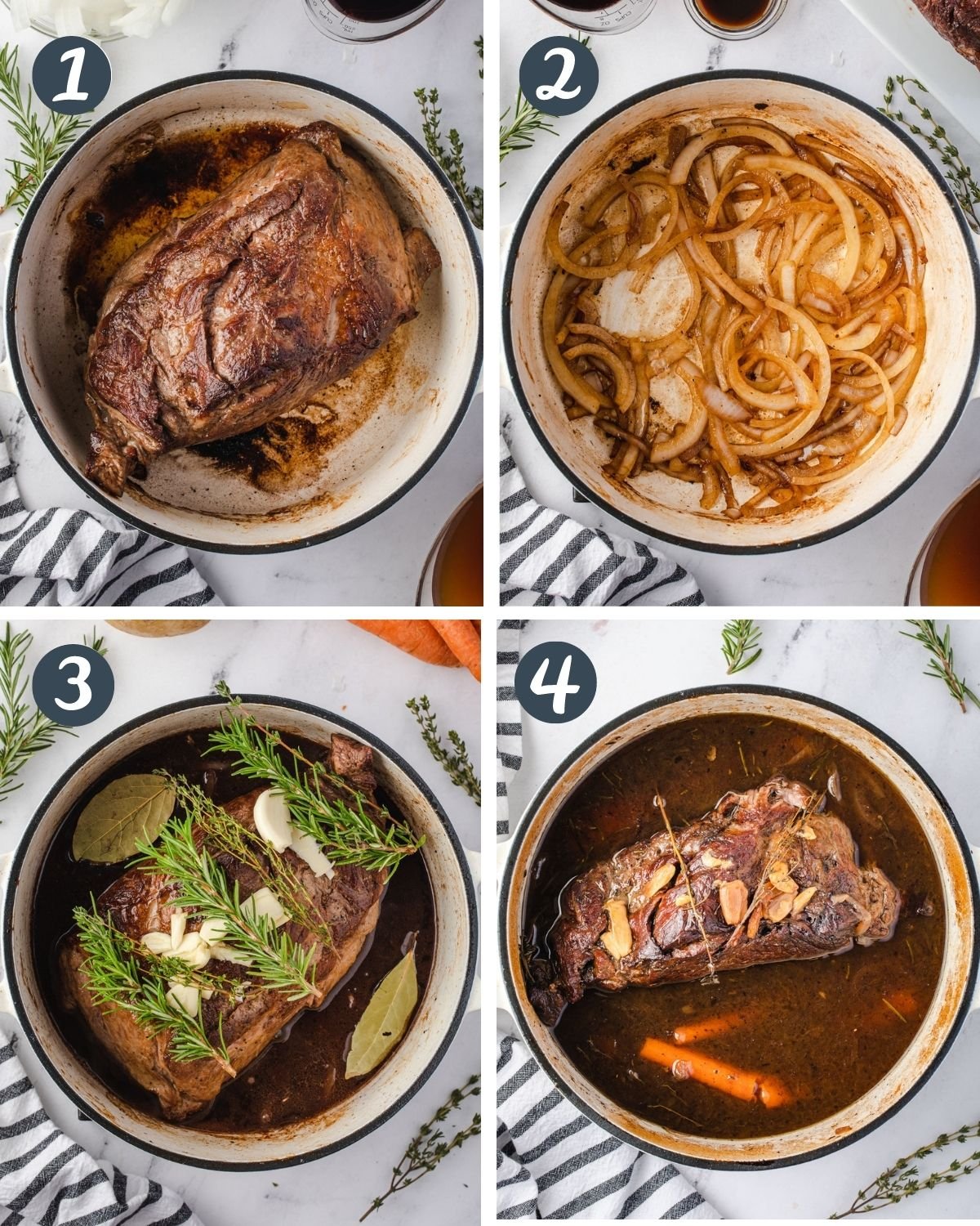 Collage showing 4 steps to make a dutch oven pot roast, from searing to braising.