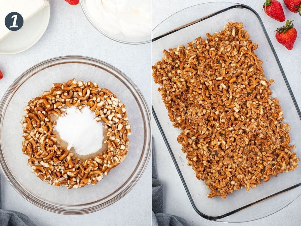 Collage: Bowl of crushed pretzel pieces with sugar, and overhead of pretzel layer in pan.