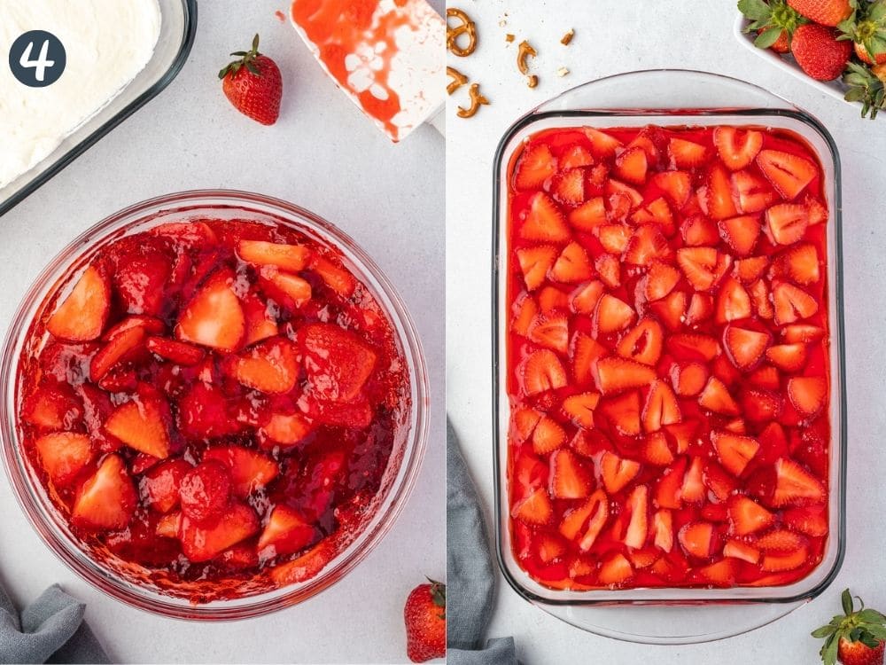 Collage: Bowl of strawberries and jello, and overhead of finished recipe.