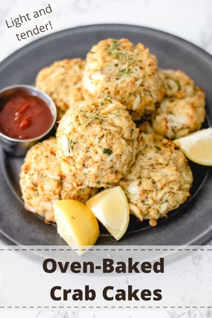 Pinterst image of a plate of crab cakes. The words "light and fluffy" in the corner.