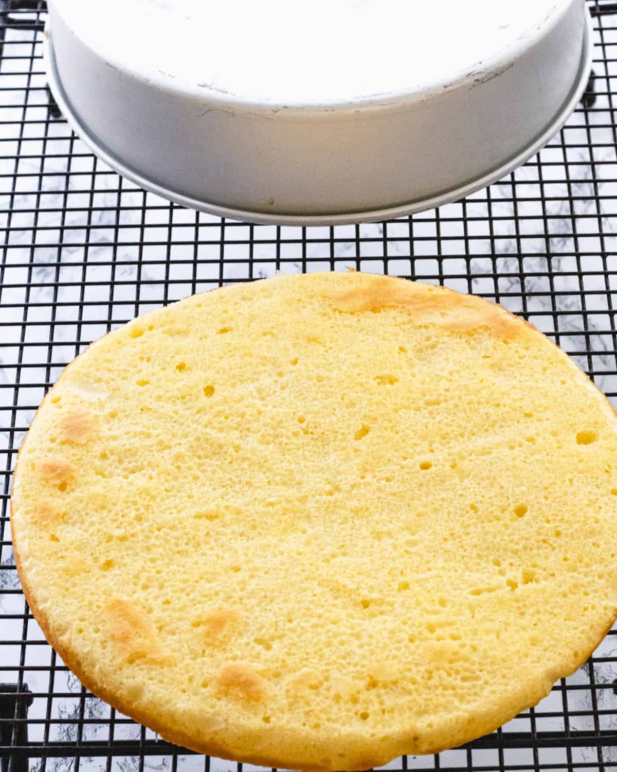 A pencil thin layer of cake on a cooling rack.