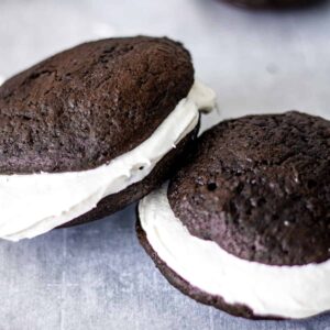 Two Whoopie Pies, one shingled on top of the other.