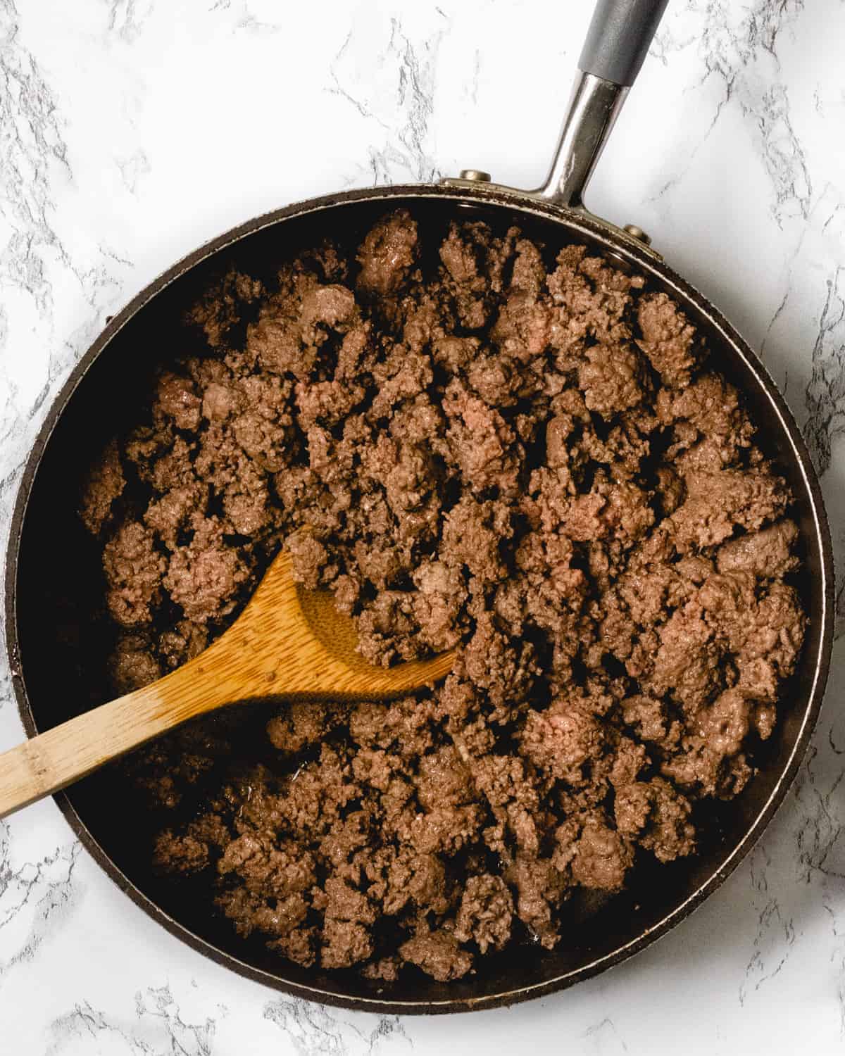 Pan of ground beef.