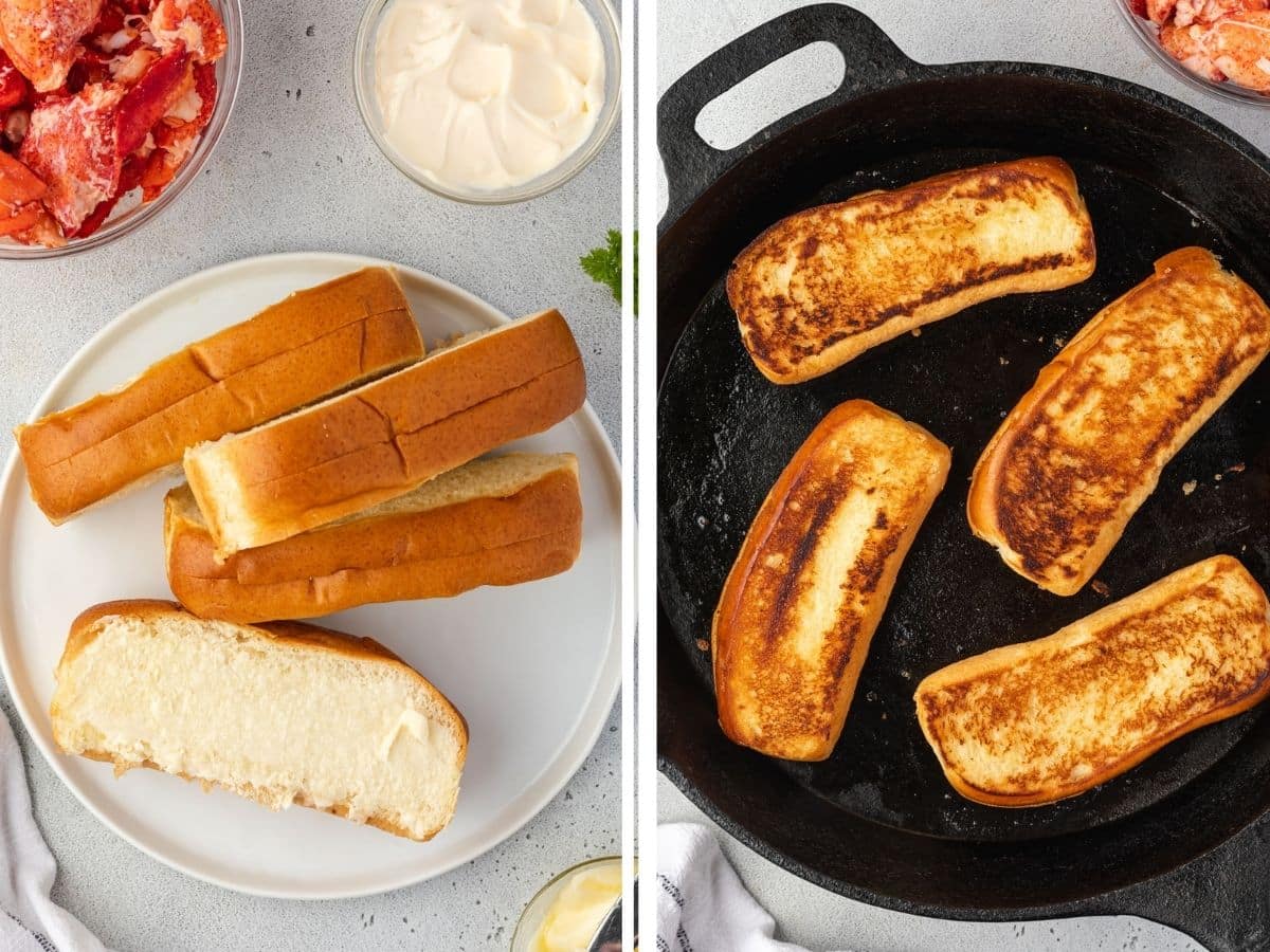 Two images showing buttered buns on a platter and toasted in a cast iron skillet.