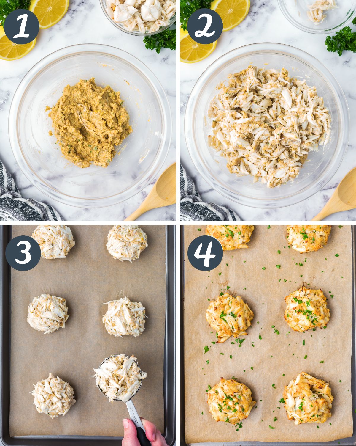 4 images showing the steps for making crab cakes: filler mixed in bowl, crab added, formed in measuring cup, and baked on sheet.
