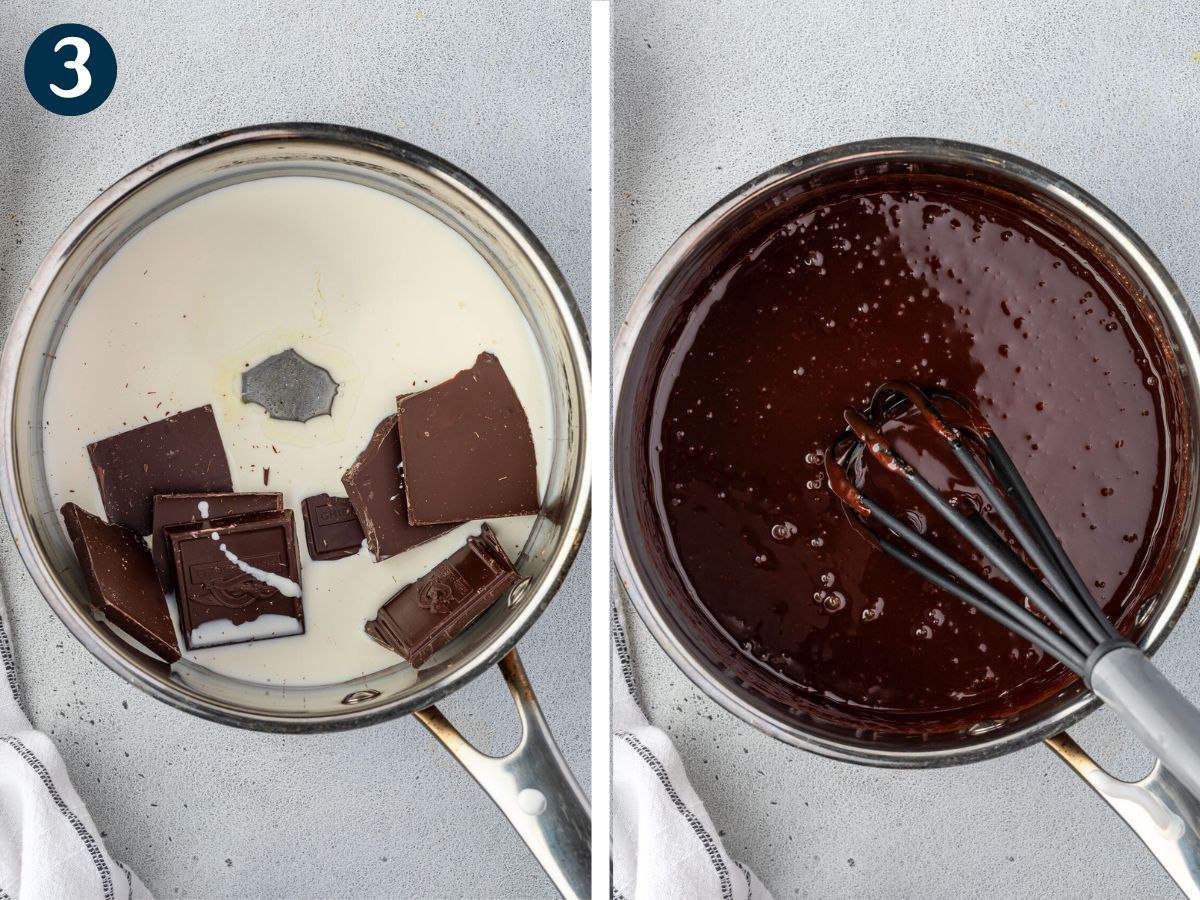 2 images showing ganache ingredients in a pan and then melted together.