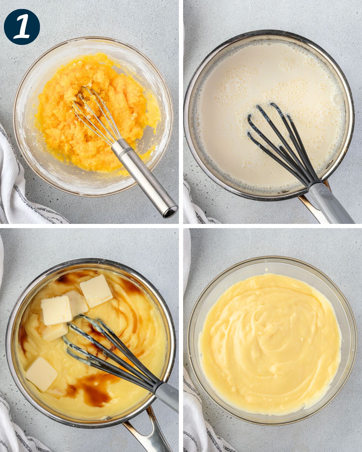4 images showing eggs and cornstarch mixed together, heavy cream added in pan, custard with butter and vanilla on top, and pastry cream in a bowl.