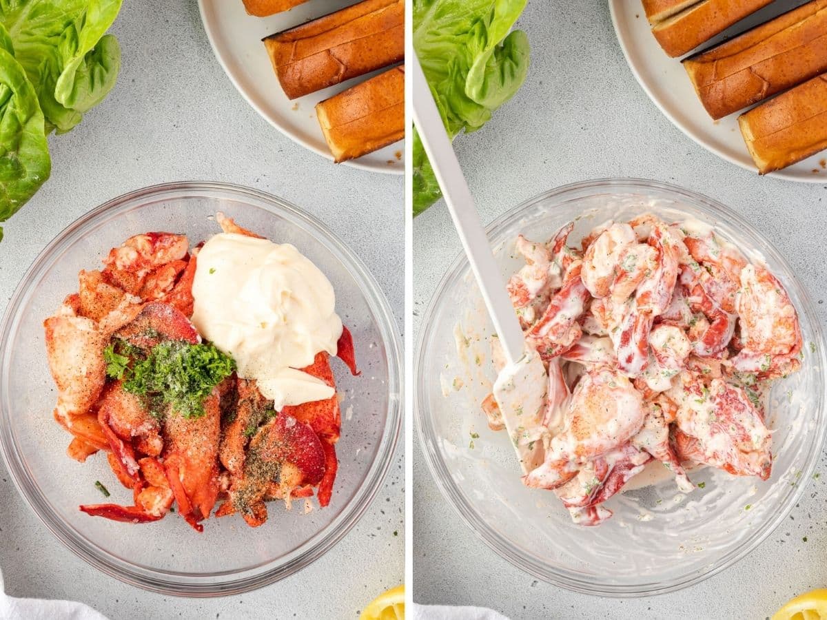 Two images showing a bowl of lobster salad ingredients before and after tossed together.