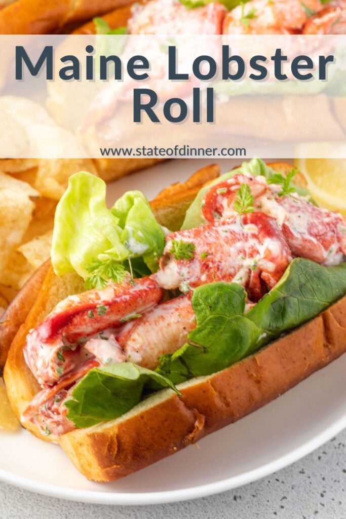 Pinterest pin that says "maine lobster roll" and has a lobster roll on a white plate.