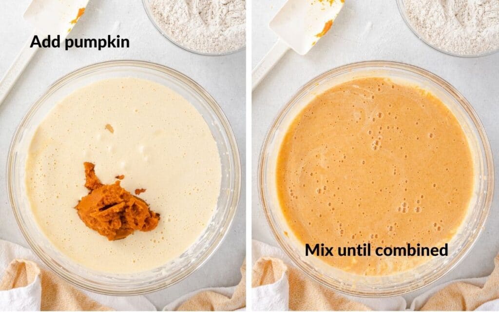 Bowl of fluffy eggs with pumpkin puree added, then second image of pumpkin mixed in.