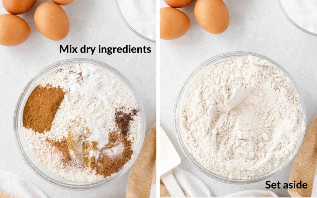 Bowl of flour with dry ingredients on top of flour, then second photo of dry ingredients mixed in.