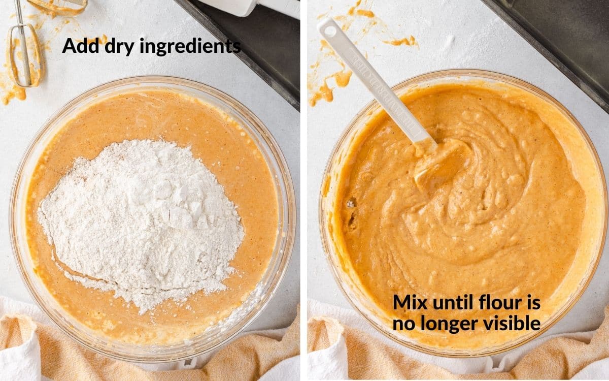 Dry ingredients added to batter, then mixed in with spatula.