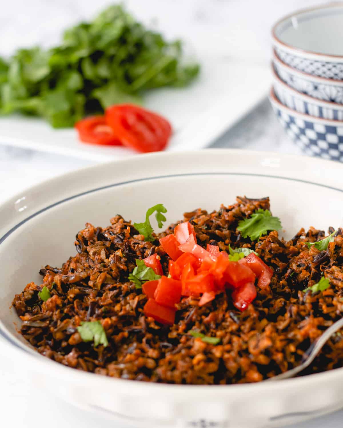 Bowl of Mexican wild rice. Tomatoes and cilantro on a plate in the background.