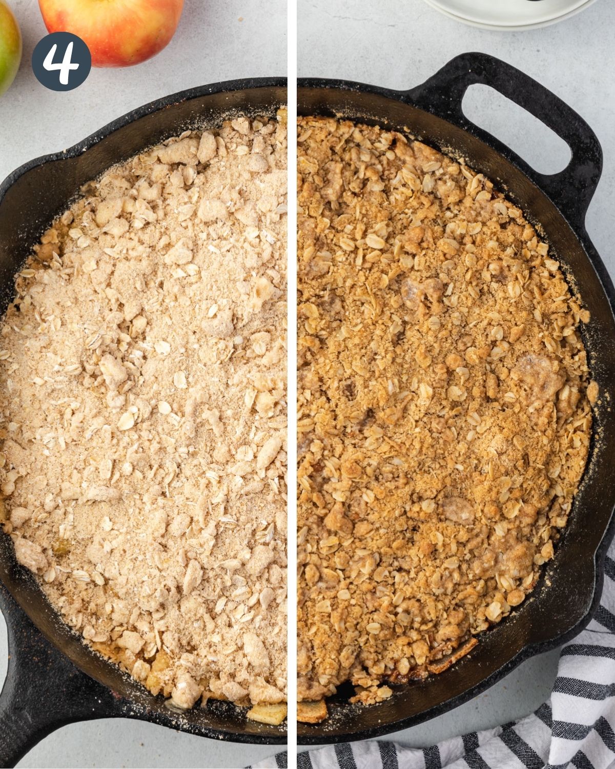 Split photo showing uncooked and cooked apple crisp in skillet.