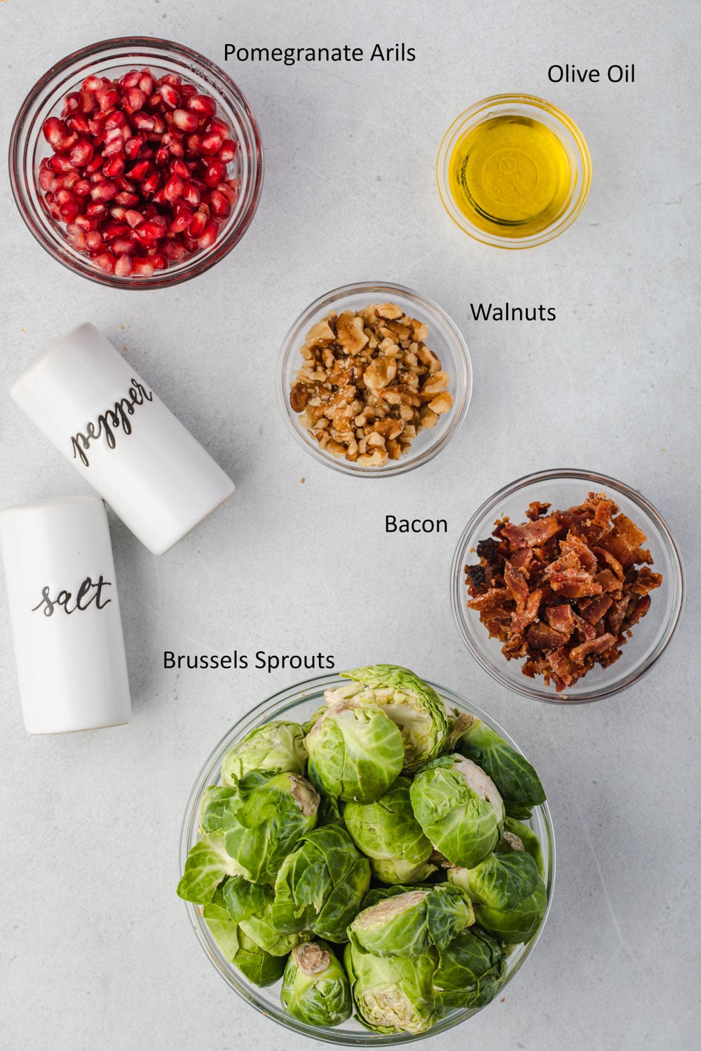 Overhead labeled ingredients for brussels sprouts.