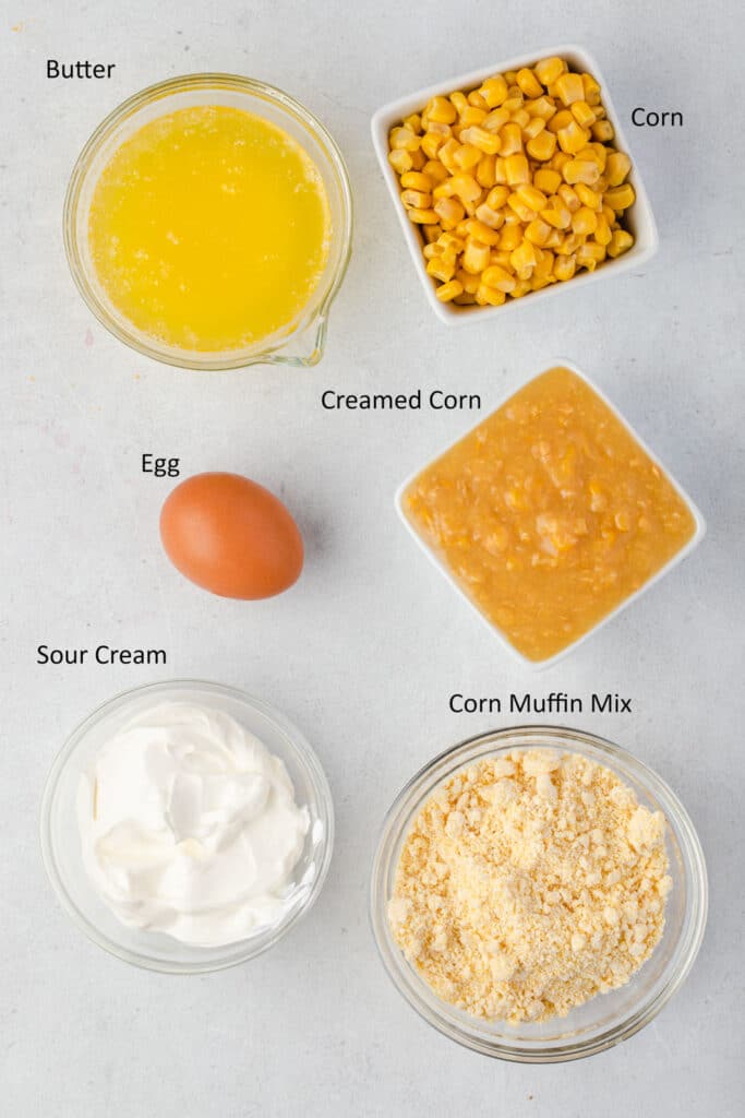 Overhead labeled ingredients for corn casserole.