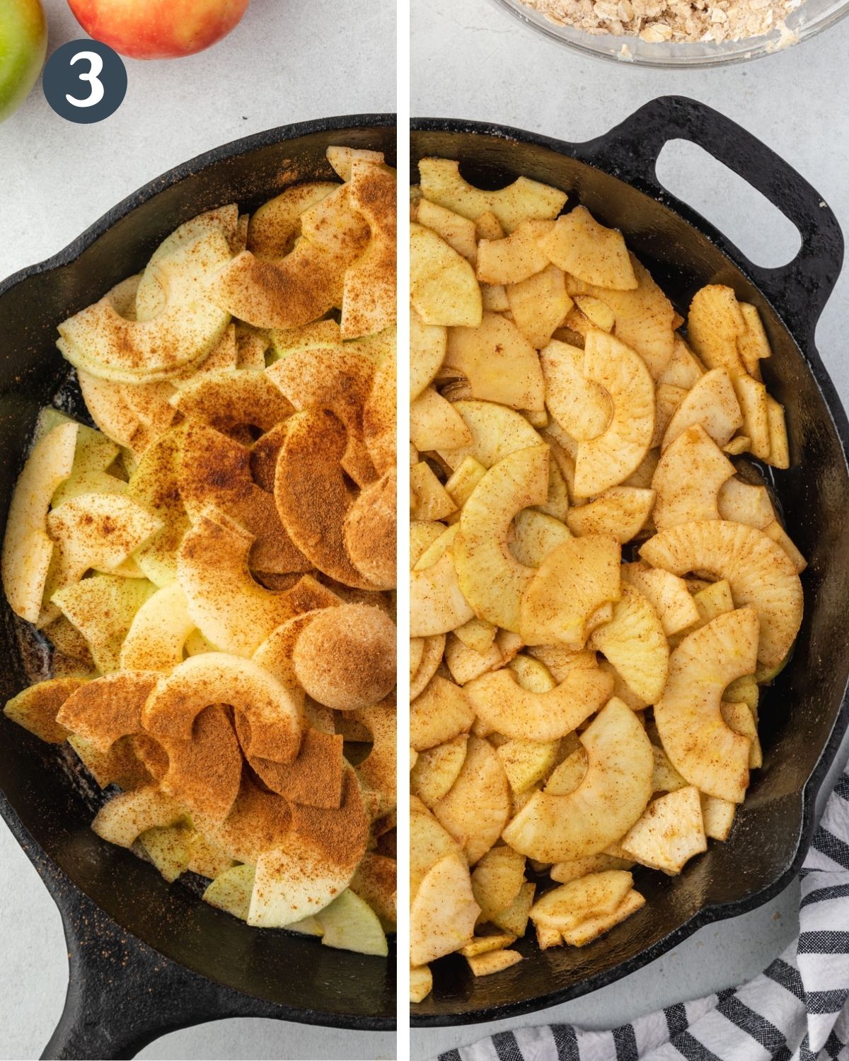 Split image showing uncooked apples with cinnamon on top and cooked apples.