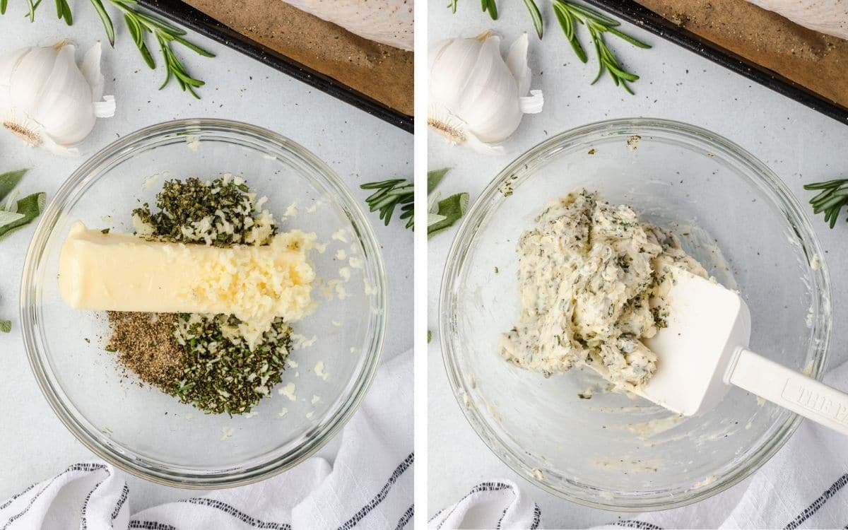 Collage: Stick of butter, garlic, and herbs in a bowl, then mixed.