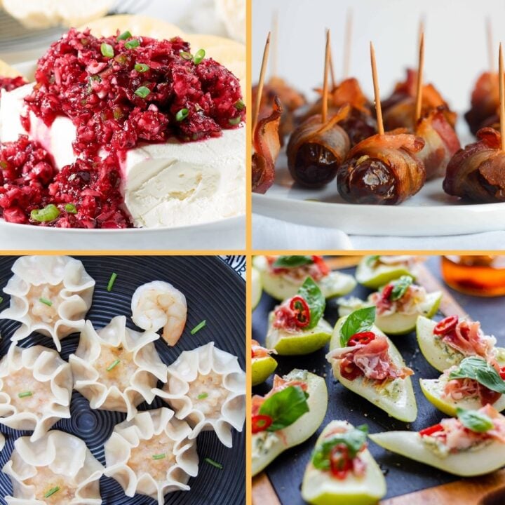 grid of 4 elegant appetizers: jalapeno cranberry spread, bacon wrapped dates, shrimp shumai, and proscuitto pears.