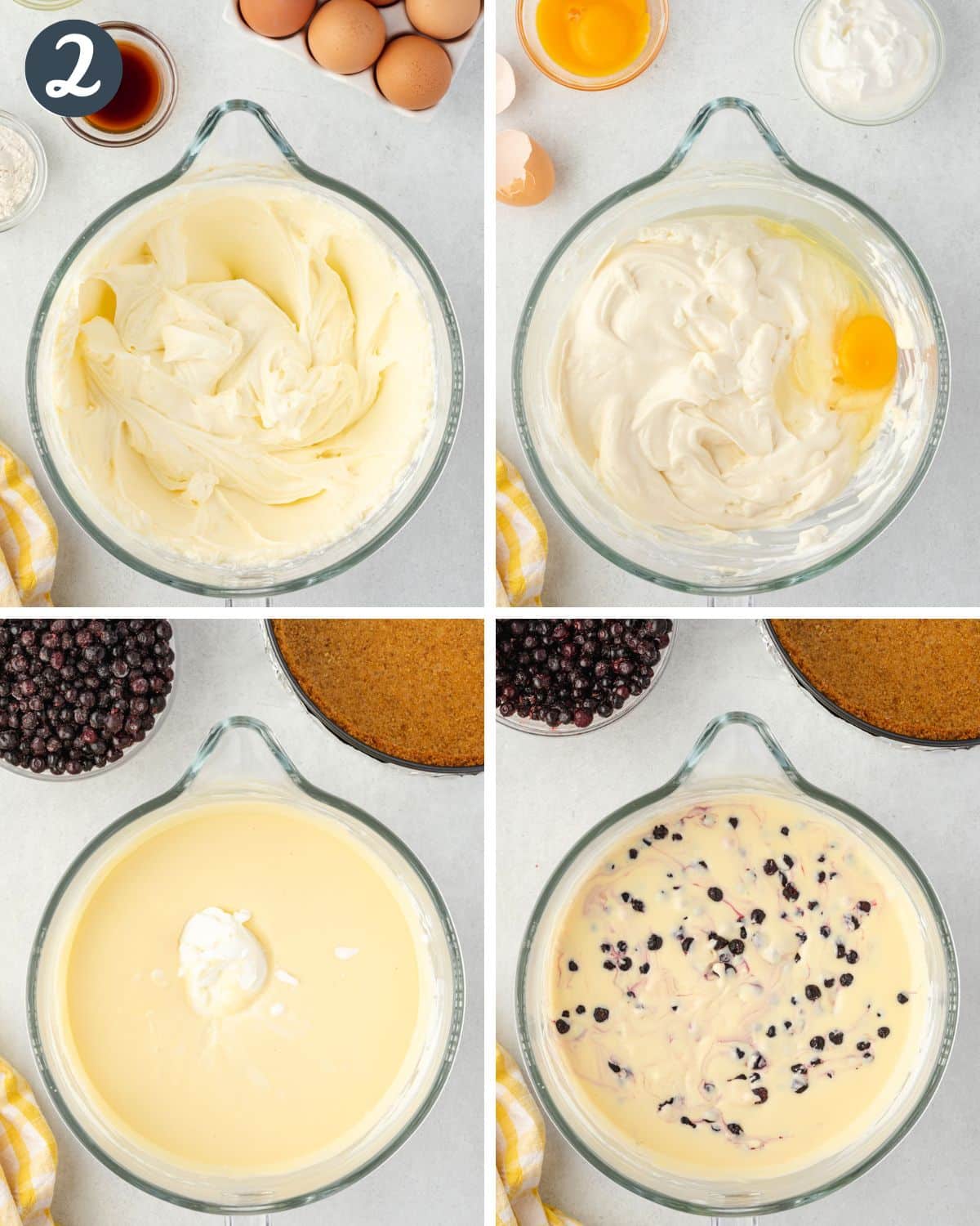 4 images showing cheesecake batter in a large bowl, with different ingredients added into the bowl.