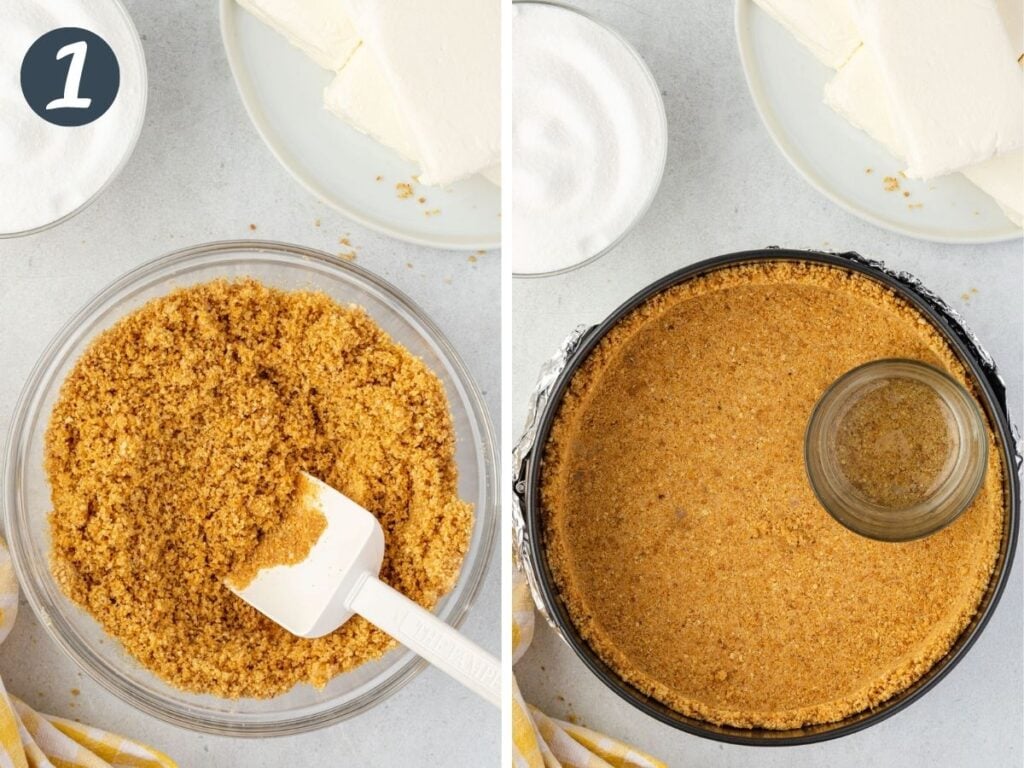 Two image collage showing sand textured crumb mixture, and pressed into a springform pan using a glass.