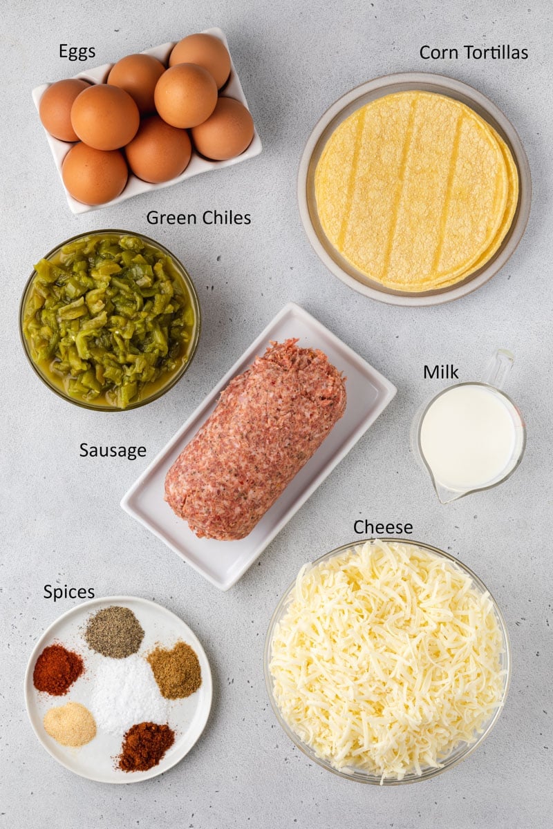 Overhead showing ingredients used in green chile egg casserole.